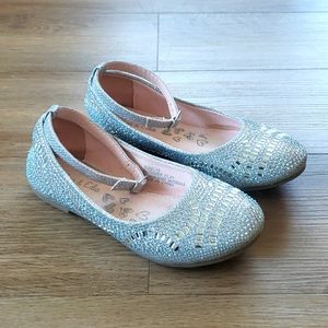 Girls Silver Ankle Strap Ballerina W/ Rhinestone Gems Shoes.